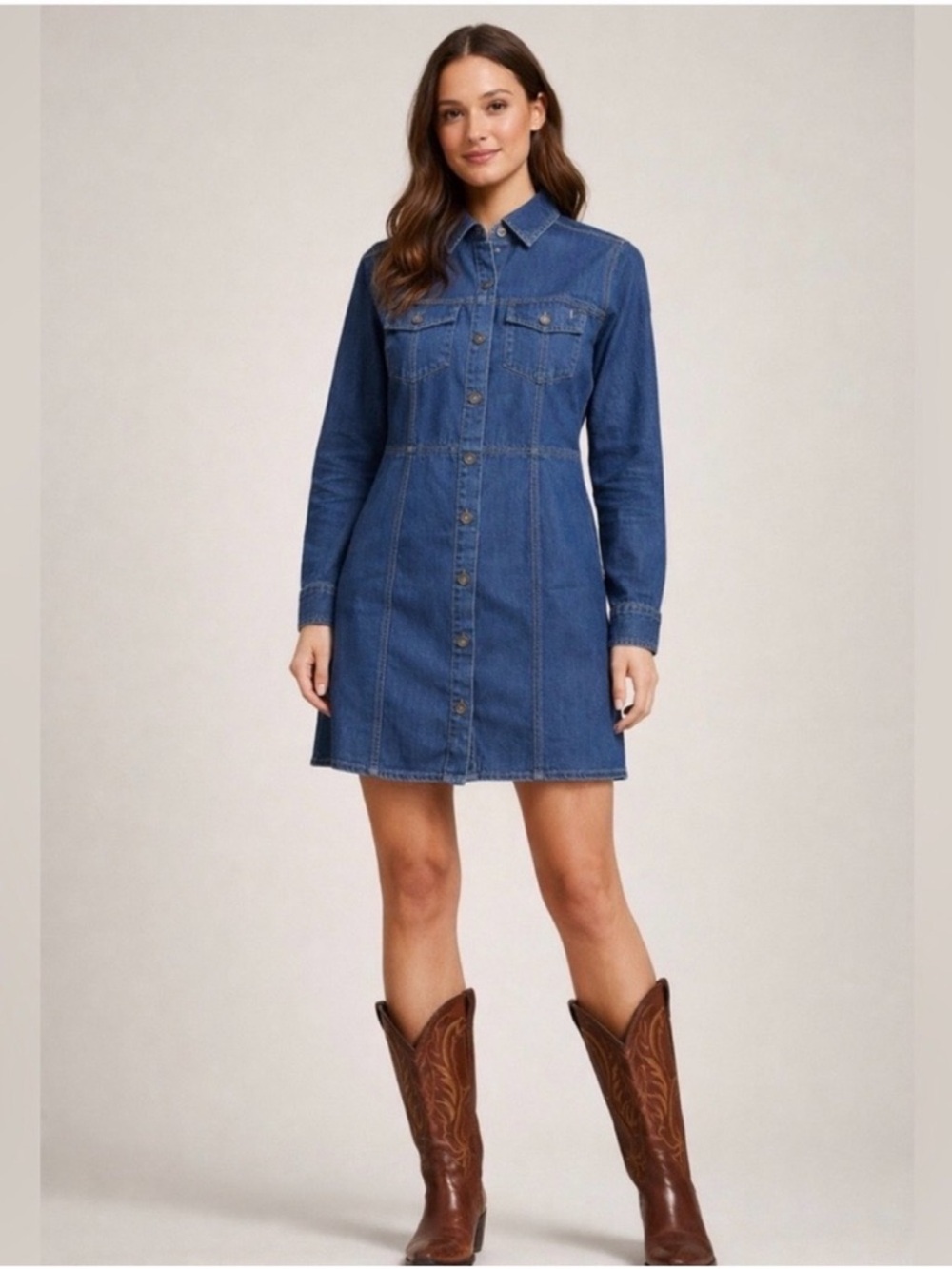 Frame Denim Blue Long-Sleeve Button-Front Denim Dress